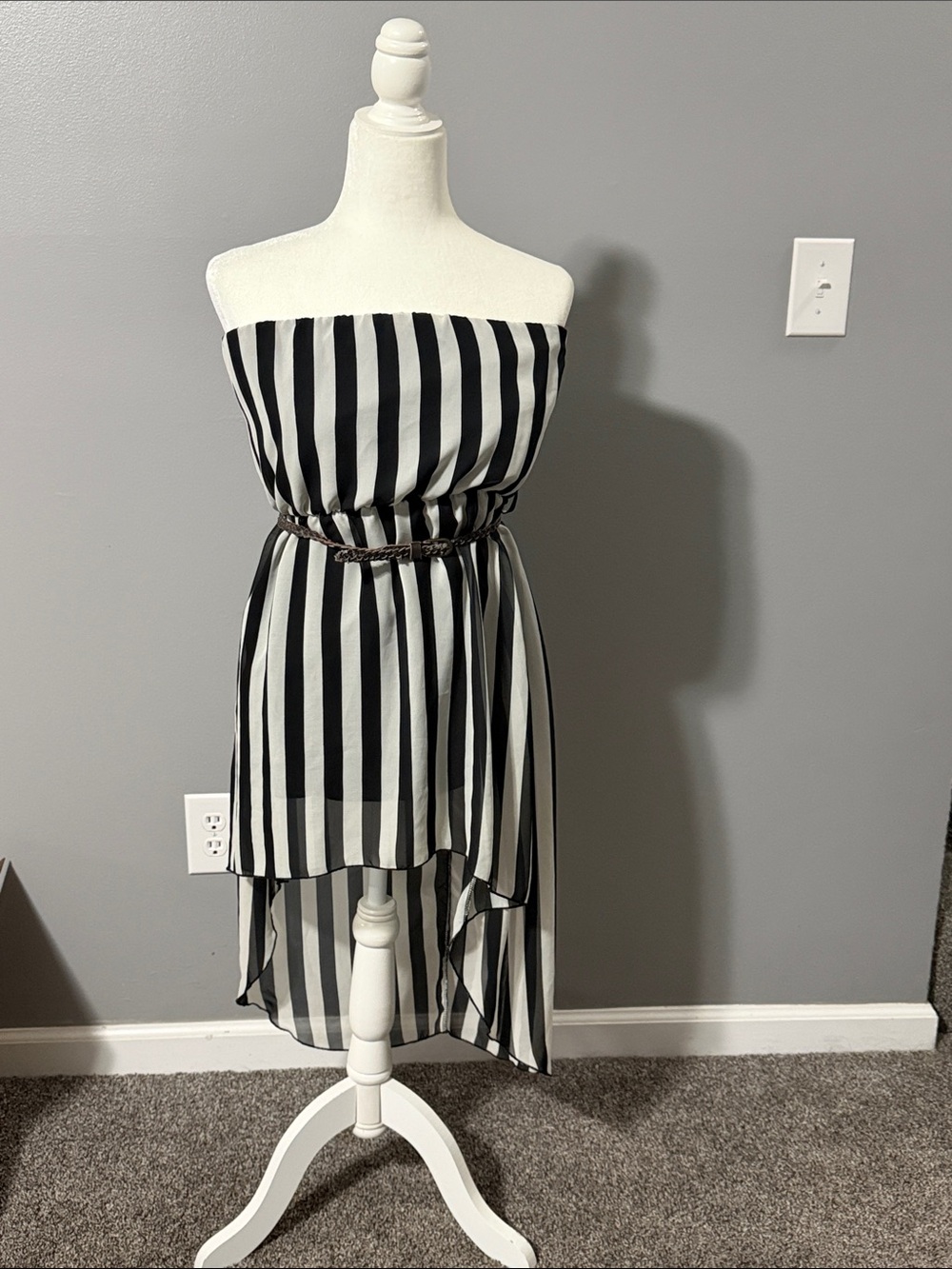 Black & White Strapless Vertical-Stripe High-Low Dress